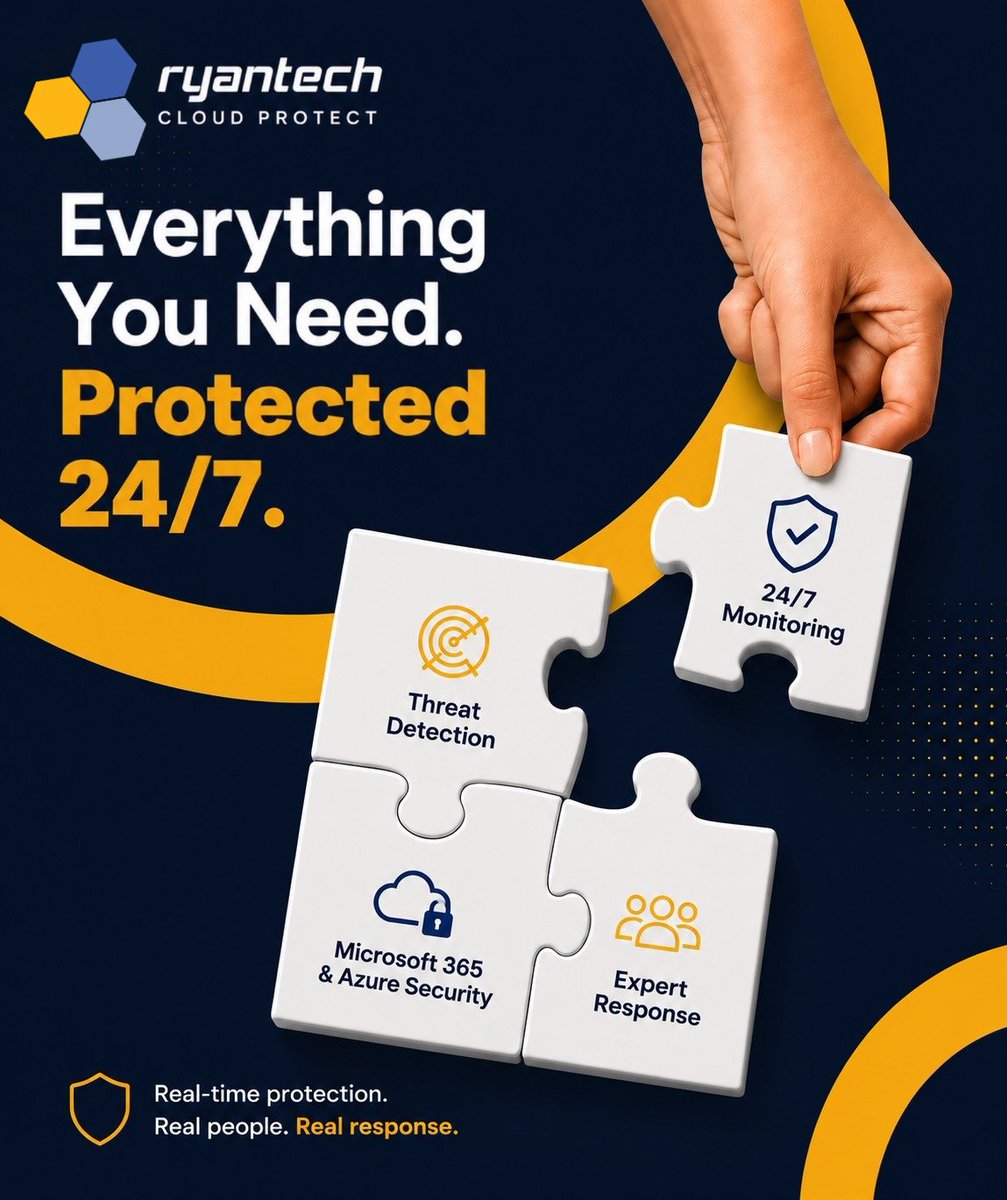 RyanTechInc's tweet photo. Your Microsoft cloud is only as secure as the protection behind it. 🔐

Cloud Protect brings the pieces together with 24/7 monitoring, real-time threat detection, Microsoft 365 &amp; Azure security, and expert response when something needs attention. https://t.co/T2PFMk0Os3