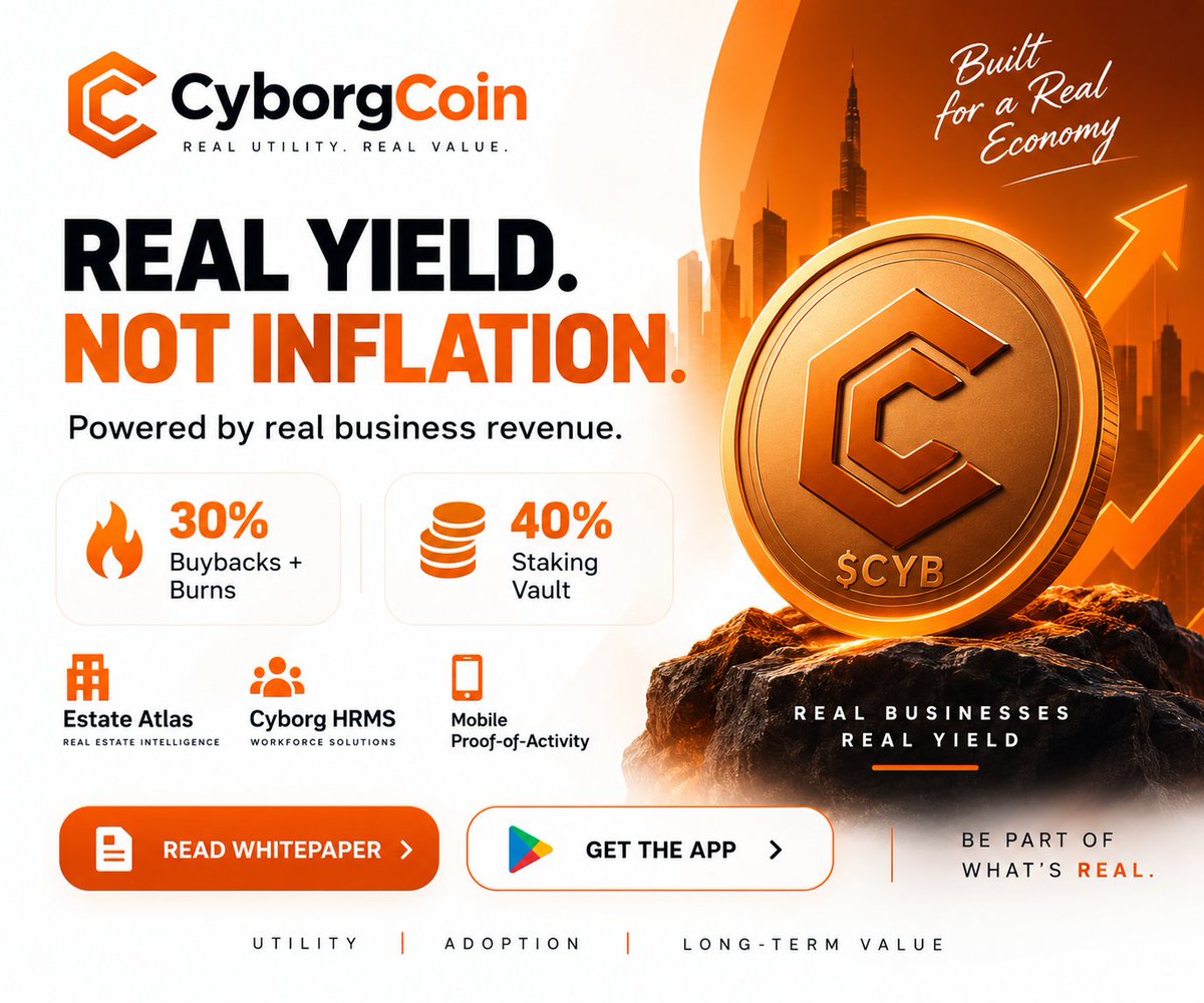 CyborgcoinCYB's tweet photo. Most tokens print yield out of thin air.#CyborgCoin is written differently.

The Real Yield Loop:
🔹 30% of SaaS subscription revenue → buybacks + permanent burns
🔹 40% → Staking Vault
🔹 Value tied to real enterprise activity, not inflation.

Estate Atlas. Cyborg HRMS. On-chain work identity. Games. Mobile Proof-of-Activity.

This is the part people skip while they’re still farming empty emissions.
Read it: https://t.co/9rHTDdFsJY

Start on mobile: https://t.co/iasFae7Vi0

Early users join the loop.
Late users explain why they waited. ⏳#CYB #CyborgChain #RWA #DeFi #crypto #web3 #bitcoin #binance