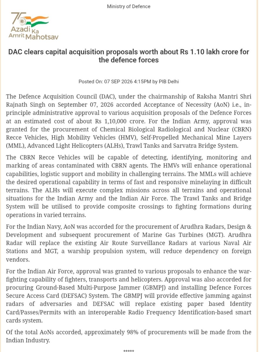 sidhant's tweet photo. India’s Defence Acquisition Council has approved military purchases worth about 1.1 trillion rupees, with 98% to be sourced from Indian industry.

Indian statement: https://t.co/8Ku3Gazlio