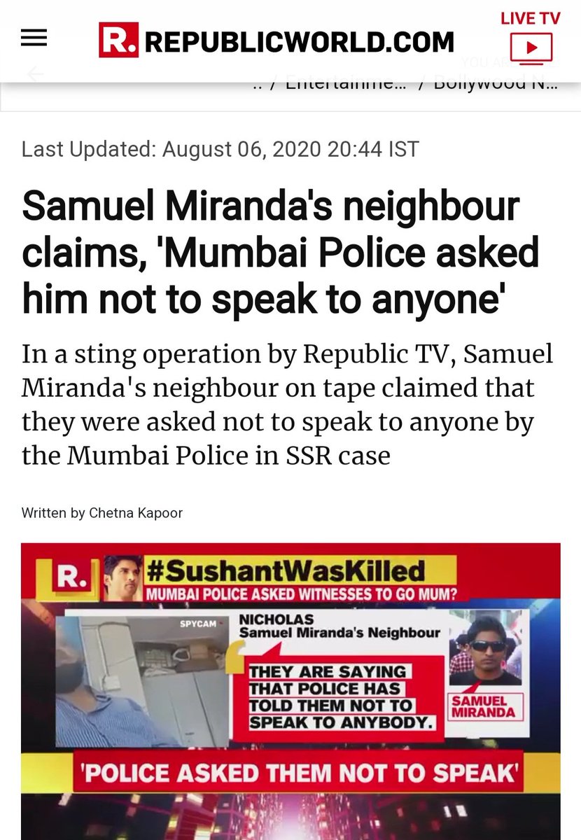 BhaaratDhruga's tweet photo. SOMETHING REALLY IMPORTANT TO PONDER UPON!

Why was Samuel Miranda being guarded by the machinery, as well as people of Industry.

As he was spotted at Villa morea, right when Rhea was summoned by ED.

His neighbours were also pressurised by Mumbai police, to not speak.

#JusticeForSushantSinghRajput
