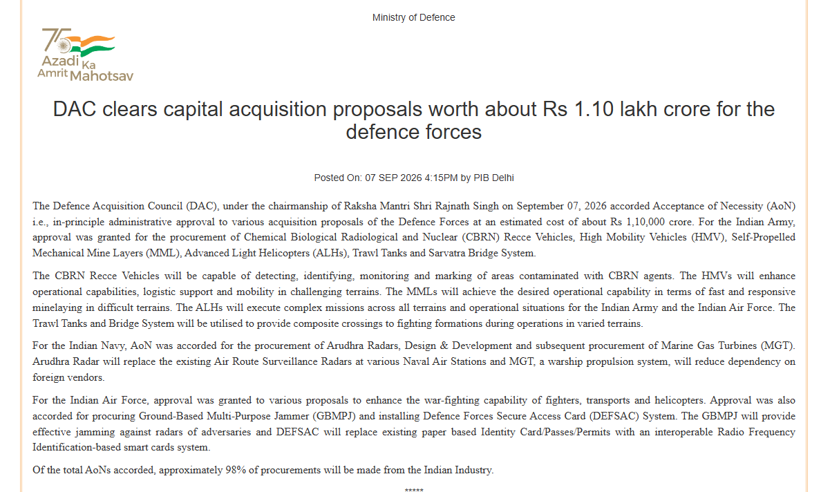 ANI's tweet photo. The Defence Acquisition Council (DAC), under the chairmanship of Raksha Mantri Rajnath Singh, on September 7, accorded Acceptance of Necessity (AoN), i.e., in-principle administrative approval, to various acquisition proposals of the Defence Forces at an estimated cost of about Rs 1,10,000 crore.

For the Indian Army, approval was granted for the procurement of Chemical, Biological, Radiological and Nuclear (CBRN) Recce Vehicles, High Mobility Vehicles (HMVs), Self-Propelled Mechanical Mine Layers (MMLs), Advanced Light Helicopters (ALHs), Trawl Tanks and the Sarvatra Bridge System