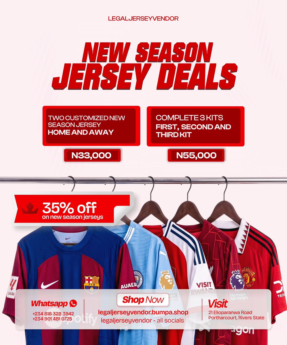 LegalJVendor's tweet photo. NEW SEASON. NEW JERSEYS. LOWER PRICES.

The new season jerseys are here, and we’re making it easier to rep your club without breaking the bank.

Discount sales now on till 30th of September, 2026!

DM to cop yours. https://t.co/XZy971t7ei