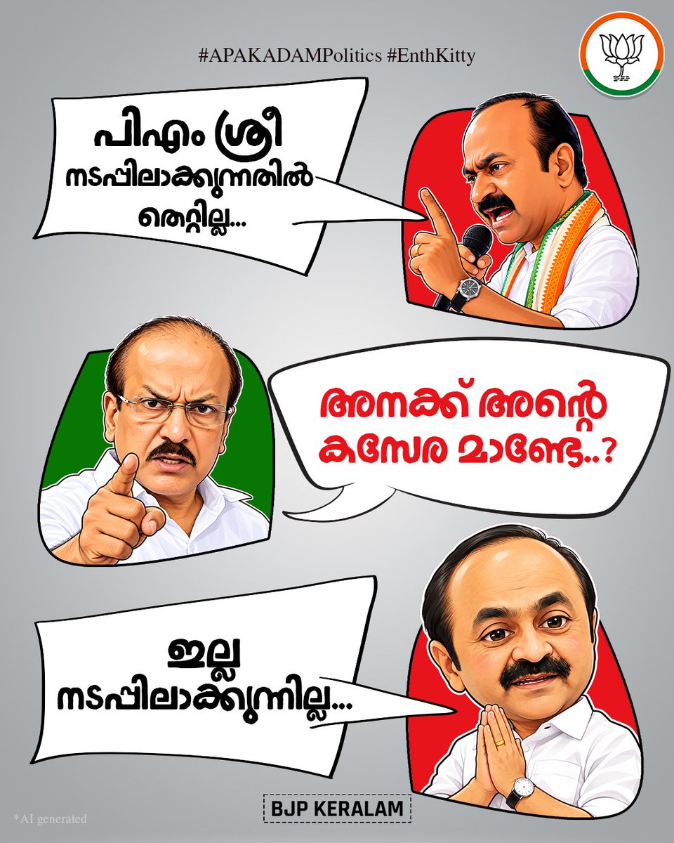 BJP4Keralam's tweet photo. കേരളത്തിലെ ജനാധിപത്യ സംവിധാനത്തെയും മതേതര മൂല്യങ്ങളെയും വെല്ലുവിളിച്ചുകൊണ്ട്, മതാധിഷ്ഠിത പാർട്ടികളുടെ തിട്ടൂരങ്ങൾക്ക് മുന്നിൽ കേരളത്തിന്റെ മുഖ്യമന്ത്രി പേടിച്ച് വിറച്ച് മുട്ടുമടക്കുന്ന ദയനീയ കാഴ്ചയാണ് നാം കാണുന്നത്. 

കേന്ദ്ര പദ്ധതിയായ 'പി എം ശ്രീ' നടപ്പിലാക്കുന്നതിൽ തെറ്റില്ലെന്ന് ആദ്യം നിലപാടെടുത്ത വി ഡി സതീശൻ, അധികാരത്തിൽ വന്നതിന് ശേഷം മുസ്ലിം ലീഗിന്റെ ഭീഷണിക്ക് മുന്നിൽ ആ നിലപാട് തിരുത്തിയിരിക്കുകയാണ്. 

വന്ദേമാതരം ആലപിക്കുന്ന കാര്യത്തിലും സ്ത്രീകളുടെ പൊതുരംഗത്തെ പങ്കാളിത്തത്തിലും സമാനമായ രീതിയിൽ മതമൗലികവാദികളുടെ സമ്മർദ്ദത്തിന് വഴങ്ങി അദ്ദേഹം പിൻമാറുന്നതാണ് നാം കണ്ടുകൊണ്ടിരിക്കുന്നത്. 

ജനാധിപത്യ സംവിധാനത്തിലൂടെ തിരഞ്ഞെടുക്കപ്പെട്ട ഒരു മുഖ്യമന്ത്രിയെ ഒരു മതാധിഷ്ഠിത പാർട്ടിക്കും വിധേയനാക്കാൻ ബിജെപി അനുവദിക്കില്ല. ഇത്തരം വർഗീയ പ്രീണന രാഷ്ട്രീയത്തെ ശക്തമായി ബിജെപി നേരിടുക തന്നെ ചെയ്യും.

#EnthKitty
#APAKADAMPolitics