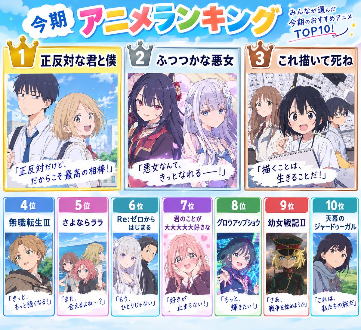 UcSwDVNNdXqDWht's tweet photo. 2026年夏アニメ、個人的終盤ランキング
30位まで並べました
正直上位も順番に悩むくらい一長一短で大差ないです

🥇正反対な君と僕
🥈ふつつかな悪女
🥉これ描いて死ね
4位:無職転生Ⅲ
5位:さよならララ
6位:Re:ゼロからはじまる
7位:君のことが大大大大大好きな
8位:グロウアップショウ
9位:幼女戦記Ⅱ
10位:天幕のジャードゥーガル

令和のダラさん
乙女怪獣キャラメリゼ
二十世紀電気目録
ヤニねこ
ヘルモード
いびってこない義母と義姉
手札が多めのビクトリア
オールワークスメイド
透明な夜に駆ける君と、目に見えない恋をした
花織さんは転生しても喧嘩がしたい
追放された転生重騎士
逃げ上手の若君
ぐらんぶる
魔法少女マジルミエ
君が死ぬまで恋をしたい
レッツゴー怪奇組
バンドリゆめみた
ワールドイズダンシング
うしろの正面カムイさん
乙女ゲー世界はモブに厳しい

ランキング画像はAIなので多めに見てあげてください😅

#夏アニメ #2026夏アニメ #アニメランキング #夏アニメランキング
