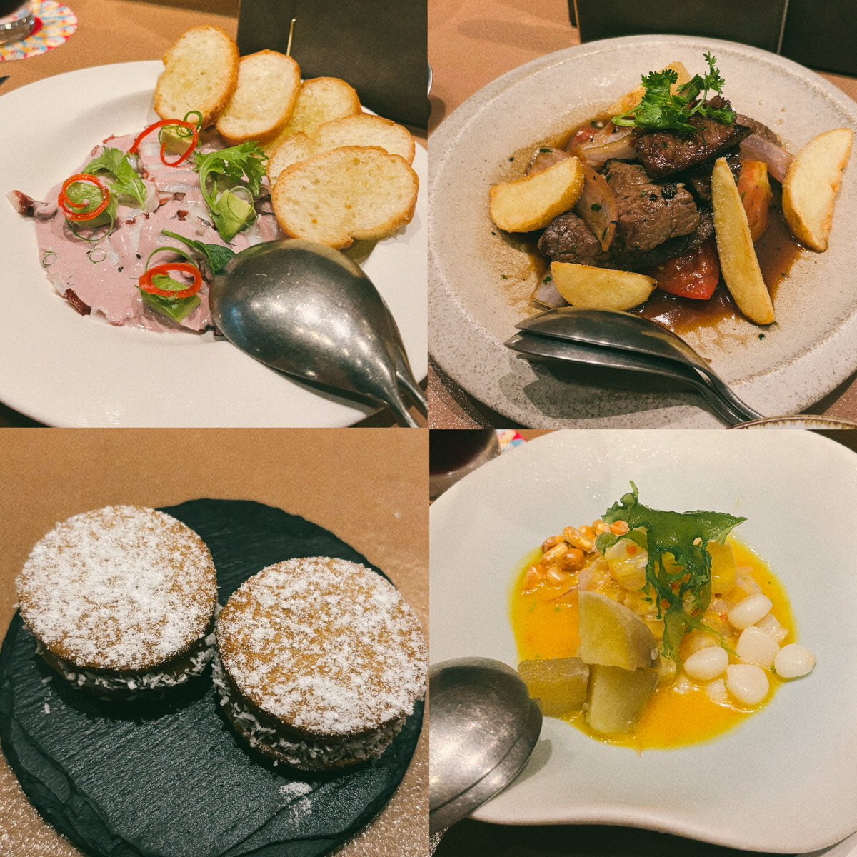 Chel_sea102's tweet photo. ペルー料理🇵🇪料理名は難しくて覚えられなかったのだけど、キャラメルサンドクッキーは、キャラメルにペルーのフルーツが練り込まれてたみたいで、珍しい味がしてとてもおいしかった😋唐辛子🌶️もいいアクセントになってて、夏の終わりにぴったりな酸味とスパイシーさを感じられて良���った！！ https://t.co/rLUJhxAECA