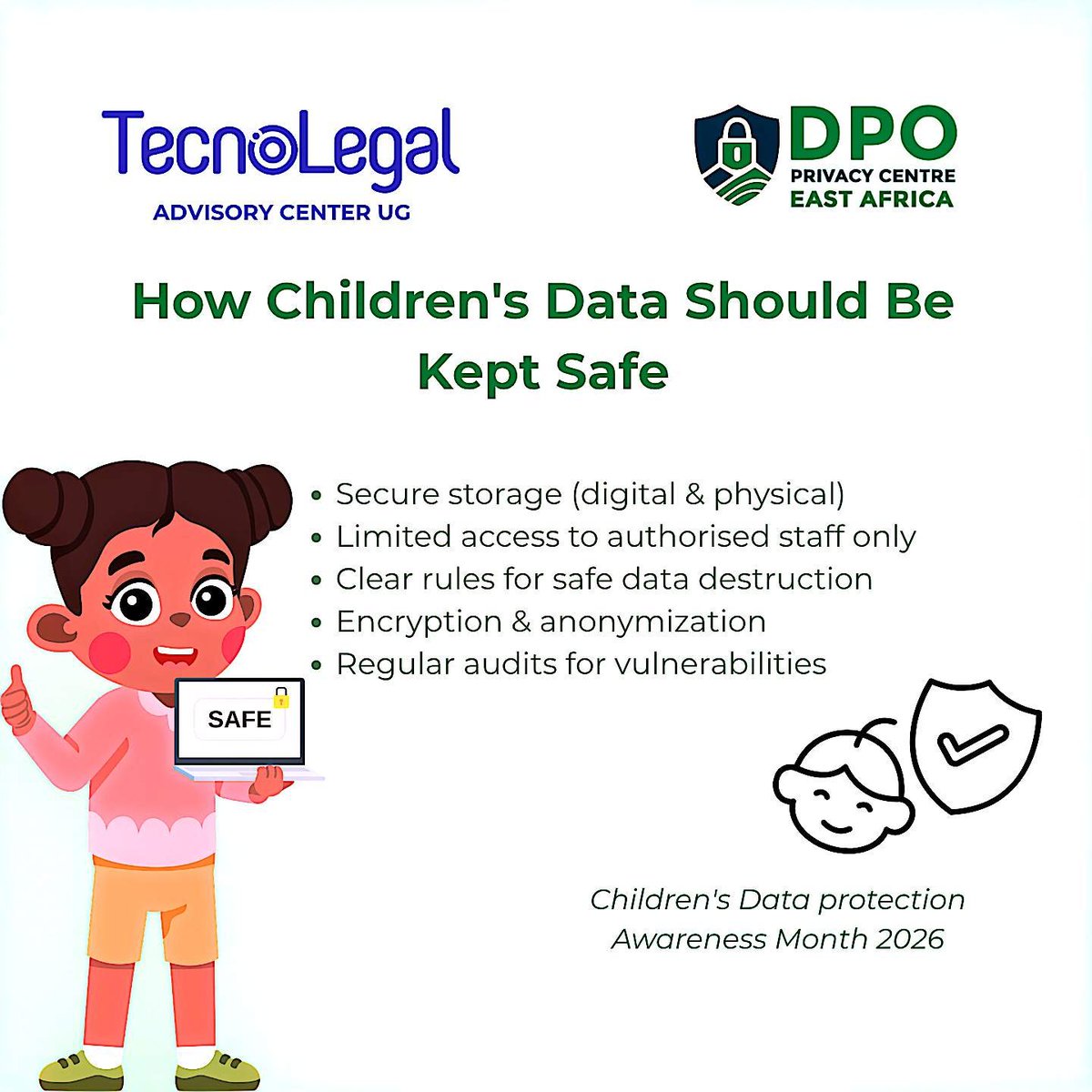 TechnolegalUg's tweet photo. PROTECT CHILDREN’S DATA. PROTECT THEIR FUTURE.

Data controllers &amp; processors must keep children’s data safe by securing storage, limiting access, encrypting/anonymising data, safely destroying it, and regularly auditing systems for breaches.

#ChildrensDataProtection https://t.co/kRtYBvqVMy
