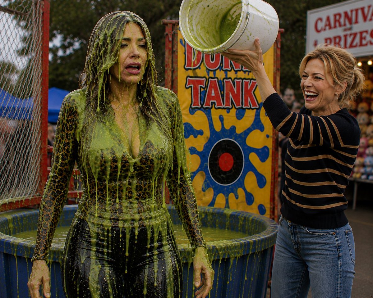 AIGungefun's tweet photo. The aftermath of Sofia getting dunked by stepdaughter Claire!

That’s not enough humiliation so more gunge and a pie in the face follow 

#gunge #gunged #WAM #splosh #splosh #dunked #slime https://t.co/wy8dBlyvrx