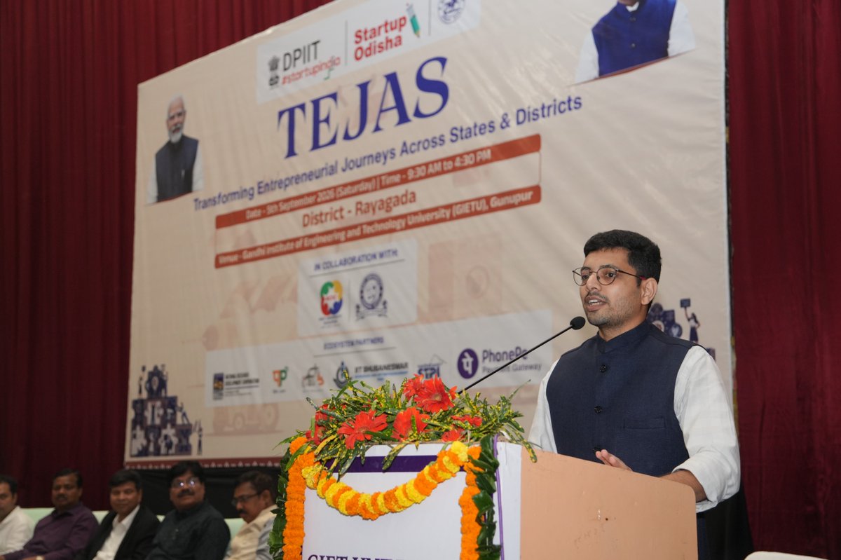 startup_odisha's tweet photo. A momentous commencement to a transformative endeavour.

The TEJAS Programme - Rayagada Edition was officially inaugurated with distinguished grandeur in the esteemed presence of Shri Dudhal Abhishek Dilip, IAS, Sub-Collector, Gunupur; Shri Smruti Ranjan Pradhan, IAS, CEO, Startup Odisha; Prof. Goutam Ghosh, Vice Chancellor, GIET University; Prof. (Dr.) Chandra Dhwaj Panda, Vice President, GIET University; Dr. Bijay Kumar Sahu, Senior Regional Manager & Head (Outreach Office), NRDC, Govt. of India; Dr. Soobhankar Pati, CEO, IIT-REP; Dr. Sachikanta Kar, Advisor, World Skill Center; Shri Biswashis Gantayet, Business Head, HCLTech; Shri Ravindra Yadav, CEO, ACIC GIETU; and Shri Durga Prasad Gouda, CEO, AIC-NIT Foundation.

This flagship initiative, conducted under the aegis of the DPIIT TEJAS initiative in collaboration with ACIC GIET UNIVERSITY FOUNDATION, Gunupur, Rayagada, serves as a testament to our resolute commitment to fostering entrepreneurship and fortifying grassroots innovation across the state of Odisha. This endeavour remains steadfastly aligned with the Government of India's overarching vision for an Atmanirbhar Bharat and Viksit Bharat@2047.

#TEJAS #StartupIndia #DPIIT #StartupOdisha #Rayagada #AtmanirbharBharat #ViksitBharat2047 #GrassrootsInnovation #InclusiveEntrepreneurship 

@cmo_odisha @gokulanandabjp @SecyChief @msmedepartment @startupindia @SmrutiR2009
@DM_Rayagada @AcicGietu @NRDCIndia1953 @IITBBSRREP @hcltech @AtalNit @PhonePe