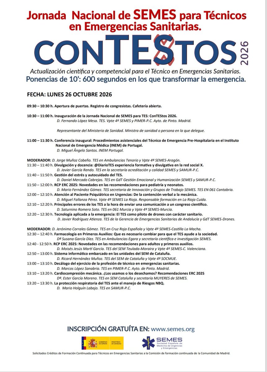 SemesCantabria's tweet photo. 🚑 Jornada Nacional de SEMES para Técnicos en Emergencias Sanitarias
#ConTEStos2026
📍Ministerio de Sanidad
🗓️ 26 octubre 2026. 10:30 h a 18:30 h.
Inscripciones: Gratuitas.
https://t.co/r83TGWX835 https://t.co/b2qdXXlf8W