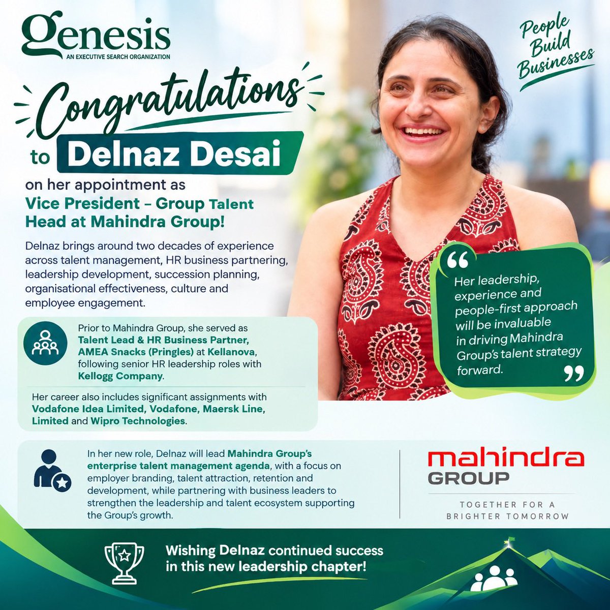 ggmspl's tweet photo. #DelnazDesai has been appointed Vice President
- Group Talent Head at @MahindraRise, where she will lead the enterprise talent management agenda, driving employer branding, talent attraction, retention and leadership development across the Group. https://t.co/LwjRXRATVi