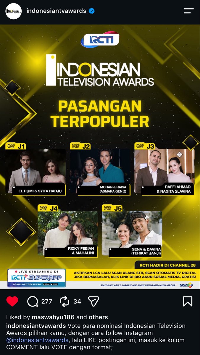 ayamgelisah's tweet photo. GUYSS ALHAMDULILLAH MORA MASUK NOMINASI PASANGAN TERPOPULER DI INDONESIAN TELEVISION AWARDS. 

YUK SHARE KE PIYIK KONENG UNTUK DUKUNG MEREKAAA!!😍❤️ https://t.co/ncMGCEYAhT