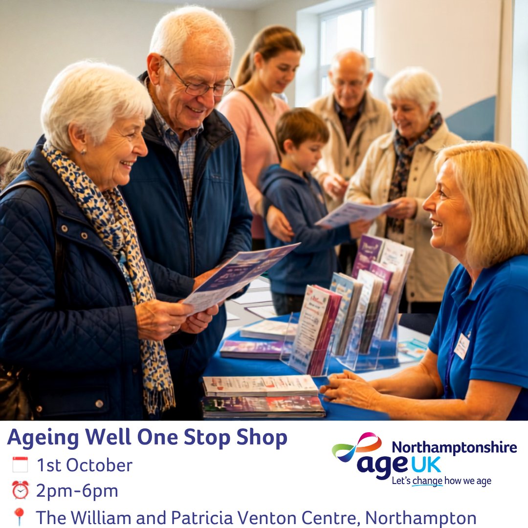 AgeUKNorthants's tweet photo. 🚨 Looking for support, activities or advice for later life?
Join us at our Ageing Well One Stop Shop and discover what's available across Northamptonshire 💙
📅 1 Oct | ⏰ 2pm-6pm
📍 Northampton
Free entry. No booking required.
https://t.co/B2zOPyB7ei https://t.co/tKe377reK5
