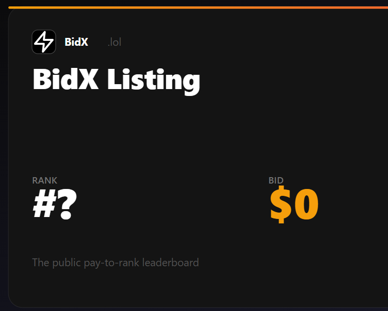 UDWhales's tweet photo. Two accounts are fighting over #1 on BidX right now.
@UDWhales paid $2 to hold the top spot. The challenger is one $0.01 increment from taking it.
Every bid = your rank. Starts at $0.01. No ads. No algorithm.
Who's next? → https://t.co/uNyqkc6dDG
#outbid #lol #UDfam #paytorank https://t.co/3ulhNdse1q