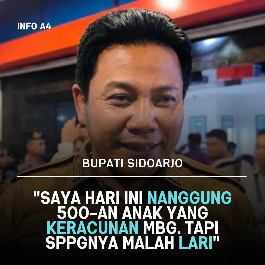 keluhkesahkonoh's tweet photo. respek buat Pak Subandi, Bupati Sidoarjo. dalam salah satu wawancara dengan stasiun TV, beliau bilang Pemkab Sidoarjo menanggung seluruh biaya pengobatan santri yang keracunan MBG menggunakan anggaran Pemkab Sidoarjo.

Pak Subandi juga menyayangkan pihak SPPG yang malah lari dari tanggung jawab. setelah dikejar-kejar, baru kepala SPPG datang dan meminta maaf atas kejadian keracunan ini.

beliau juga menyayangkan kalau setiap ada kasus keracunan MBG, biaya pengobatannya malah dibebankan sepenuhnya ke pemerintah daerah.