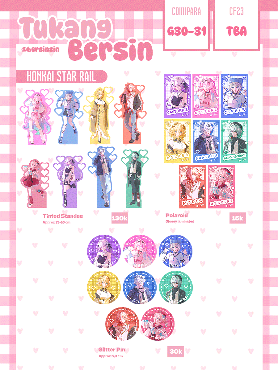 BersinSin's tweet photo. 🔃❤️ Are Appreciated
Bersinsin #CF23 &amp; #Comipara7 Pre-Order Batch 1

🌸7 - 13 sept 2026
🌸OTS pick up &amp; mail order
🌸HSR, Project Sekai, Nijisanji, KHR, Gakumas, Vocaloid, Identity V  
🌸GO dm first!

🔽Form Link (1/3)
#cf23catalogue #comifuro23 #comipara7catalogue https://t.co/38SiBdzl6m