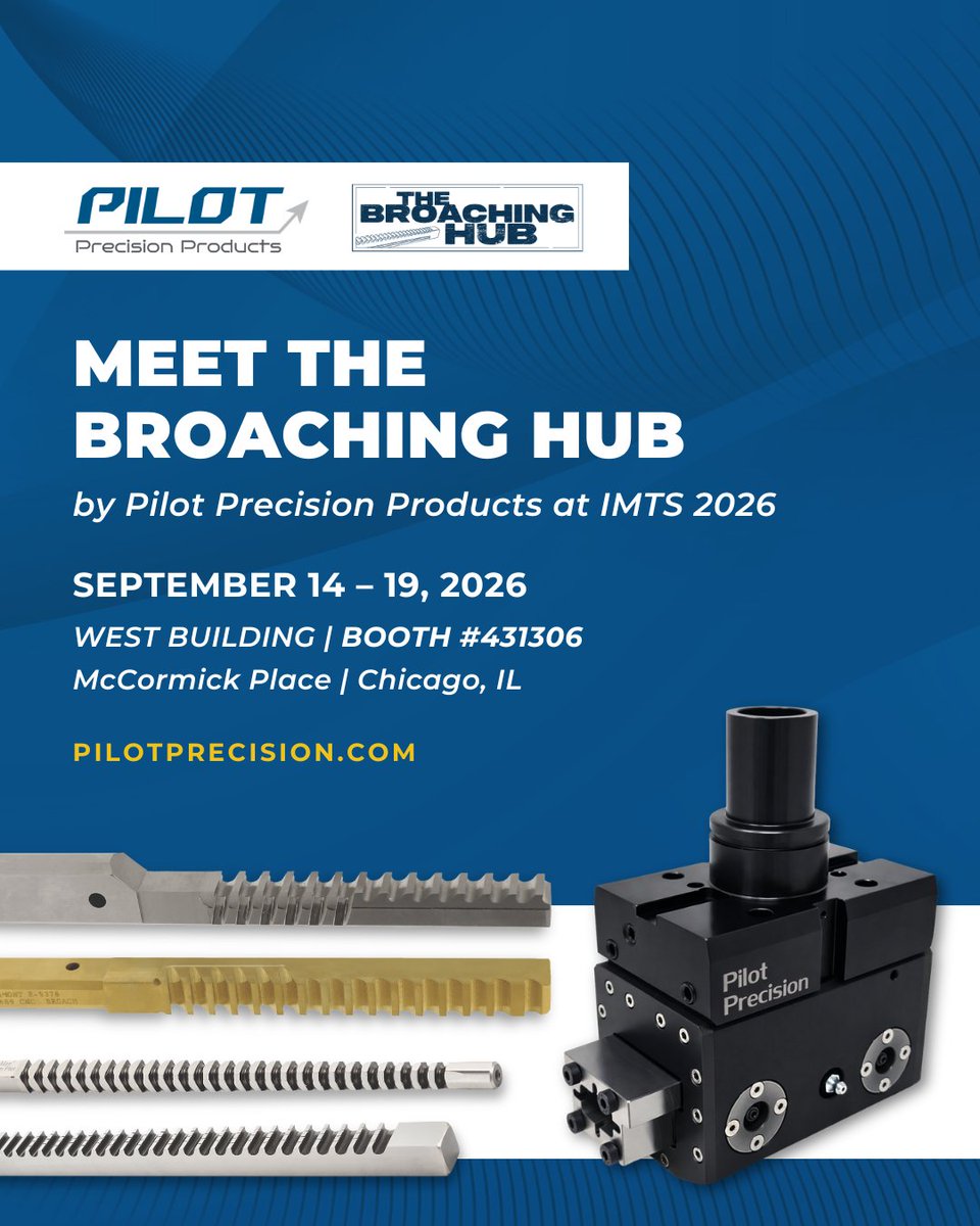 Pilot_Precision's tweet photo. IMTS starts next week, and we are excited to share something new: The Broaching Hub!

Visit Pilot Precision Products at Booth #431306 in the West Building to see it in person and talk with the team behind it.

See The Broaching Hub website: https://t.co/8sRaRmWRCq

#IMTS2026 https://t.co/q5uTlEXnaT