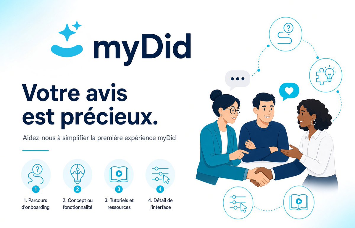 myDidActu's tweet photo. Votre avis est précieux. 🤝
Afin de perfectionner l'expérience #myDid et de faciliter l'intégration des nouveaux utilisateurs, nous souhaiterions identifier les éventuels obstacles ou sources de confusion rencontrés lors de la première utilisation de nos services.
Selon vous, quels éléments pourraient actuellement entraver l'adoption par un nouvel utilisateur ?
• Une étape du processus d'intégration manquant de clarté ?
• Un concept technique difficile à appréhender ?
• Un besoin accru de tutoriels ou de documentation ?
• Un détail de l'interface ou du parcours d'inscription ?
Nous vous invitons à partager vos observations en commentaire. Vos retours et votre perspective terrain sont essentiels pour nous aider à simplifier l'accès à myDid. 👇
#myDid #Feedback #UX #Onboarding