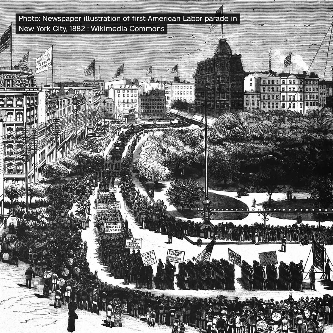 Newspaper illustration of first American Labor parade in New York City, 1882. Wikimedia Commons