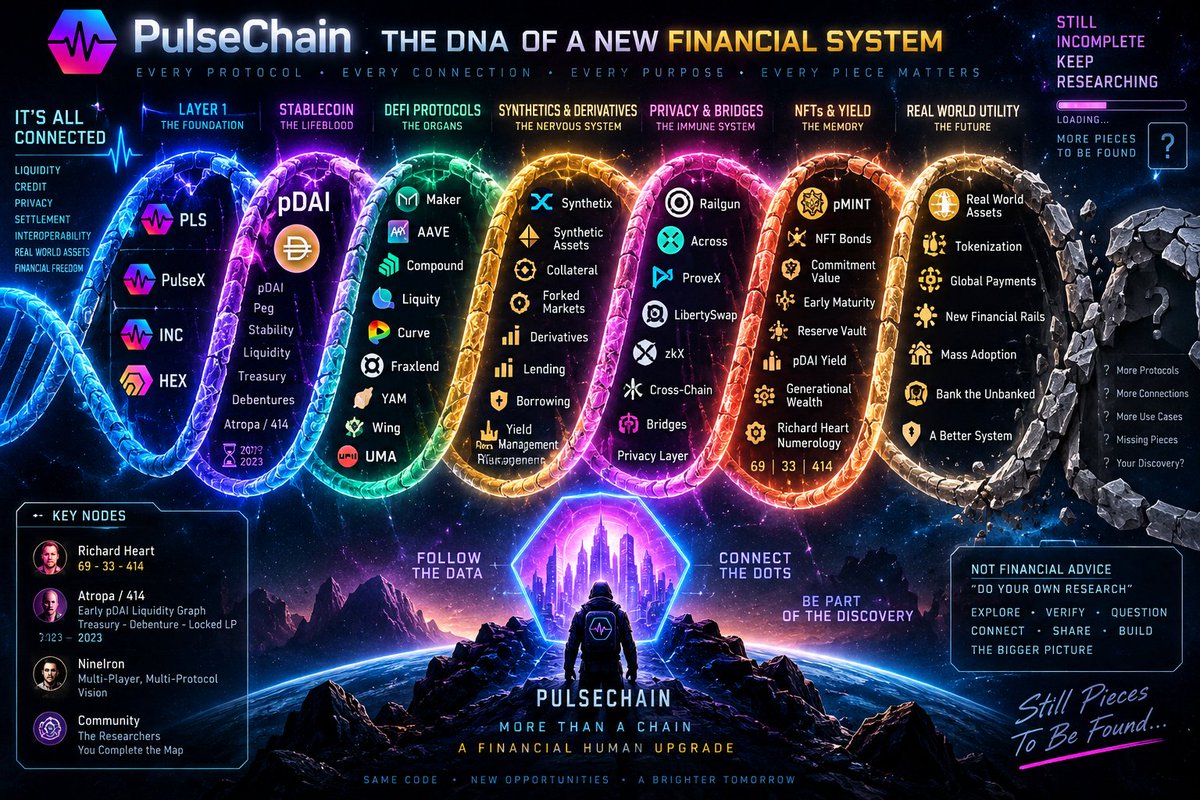 VBA1billion's tweet photo. PulseChain might not be a collection of random protocols.

It may be a financial DNA strand that is still being assembled.

I started with pDAI.

Then the trail kept expanding:

Maker. AAVE. Compound. Liquity. Curve. Fraxlend. YAM. Wing. UMA. Synthetix. Across. Railgun. ProveX. LibertySwap. zkX. pMINT. Atropa / 414.

Liquidity.
Credit.
Privacy.
Settlement.
Synthetic assets.
NFT bonds.
Cross-chain infrastructure.
Real-world utility.

Some connections are visible.
Some are only hypotheses.
And some pieces are still missing.

That is exactly why the DNA in this image is broken.

I am not claiming the entire map is solved.

I am saying:

LOOK AT THE CONNECTIONS.

Follow the contracts.
Follow the liquidity.
Follow the wallets.
Follow the builders.
Follow the timestamps.
Follow the numbers.

69.
     33.
          414.

Ask yourself why old Ethereum financial infrastructure is still being touched on PulseChain.

Ask why pDAI keeps appearing in the middle of the rabbit hole.

Ask why pMINT is being built around it.

Ask why so many pieces appear to point toward:

liquidity → credit → privacy → settlement → interoperability → real-world finance

Maybe I am looking at disconnected experiments.
Or maybe I am watching the DNA of a new financial system being assembled in public.
The map is incomplete.
Good.

That means there is still something left to discover.

🔎 Zoom in. Verify everything. Find the missing pieces.

#PulseChain #pDAI #pMINT #HEX #DeFi #Crypto #Blockchain