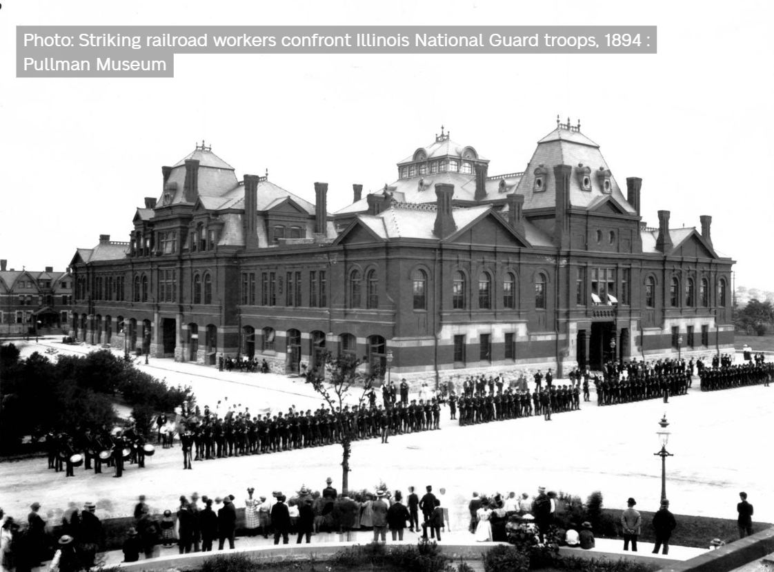 Striking railroad workers confront Illinois National Guard troops, 1894. Pullman Museum