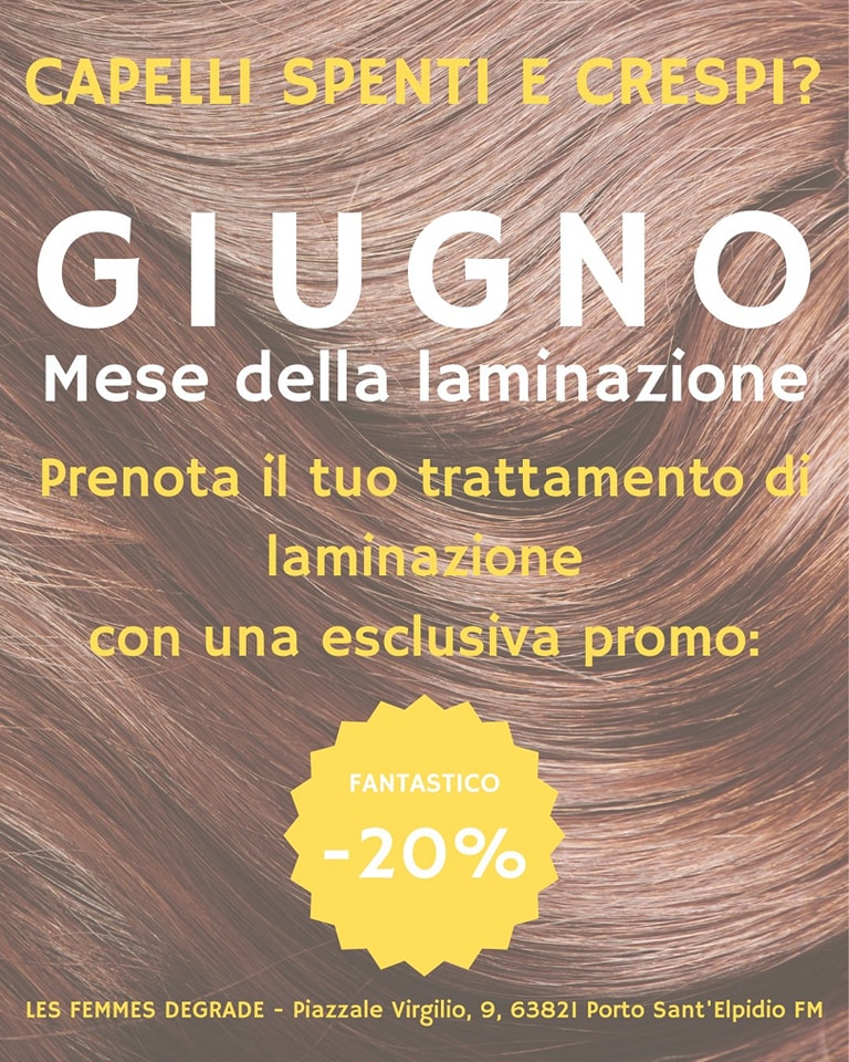 JeninePlasej's tweet photo. Sfoggia una chioma luminosa questo giugno con il mese della laminazione LES FEMMES DEGRADE. Prenota ora e approfitta del 20% di sconto sul tuo trattamento esclusivo. https://t.co/MtuNQTDsDL
