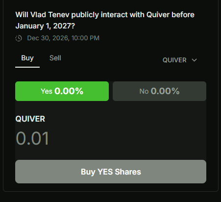 quiverrh's tweet photo. Will Vlad Tenev publicly interact with Quiver before 2027? 👀

Plenty of time for this one to play out.

YES or NO?

Make your call:
https://t.co/OHdIyMy9Cz https://t.co/BghCb1Jvro
