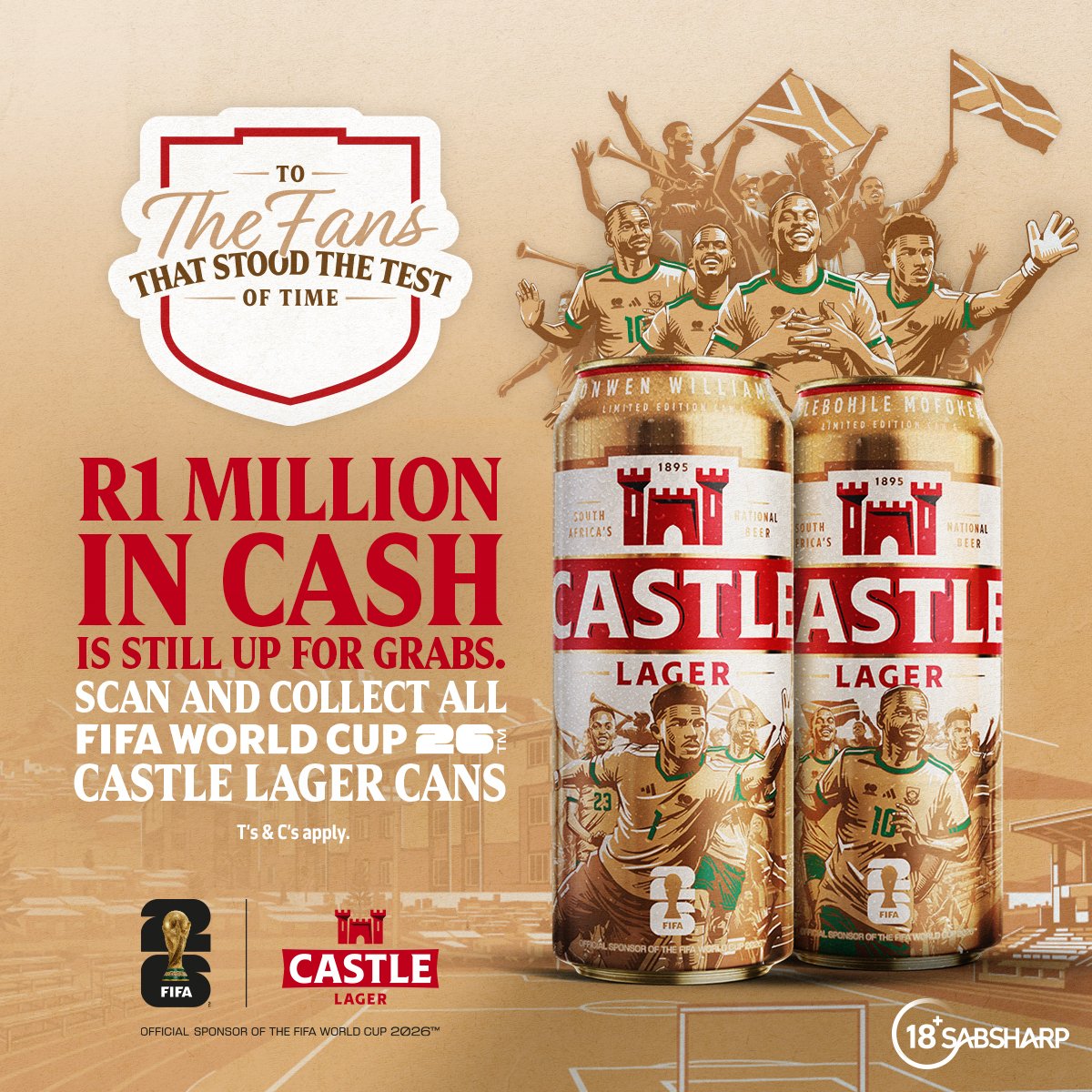 CastleLagerSA's tweet photo. SIHAMBA NGOLAYINI

Bafethu, there is still R1 million up for grabs

Kanjani? Simple, collect all 26 FIFA World Cup 26™ Castle Lager Cans, upload them on our website and you could stand a chance to win R1 million kanjalo nje.

Competition ends 30 September 2026. Ts and Cs Apply.