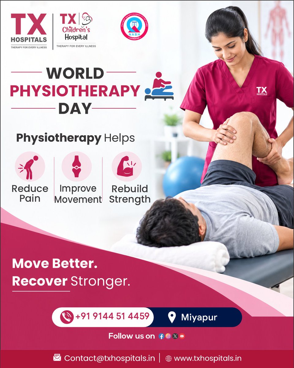 TXMiyapur's tweet photo. Move better. Recover stronger.
This #WorldPhysiotherapyDay, we celebrate physiotherapists who help reduce pain, restore movement and rebuild strength.

📍 Miyapur
📞91445 14459
🌐 https://t.co/R6cQebPsSW

#Physiotherapy #Rehabilitation #TXHospitals #Miyapur https://t.co/hvb6fGK2oS