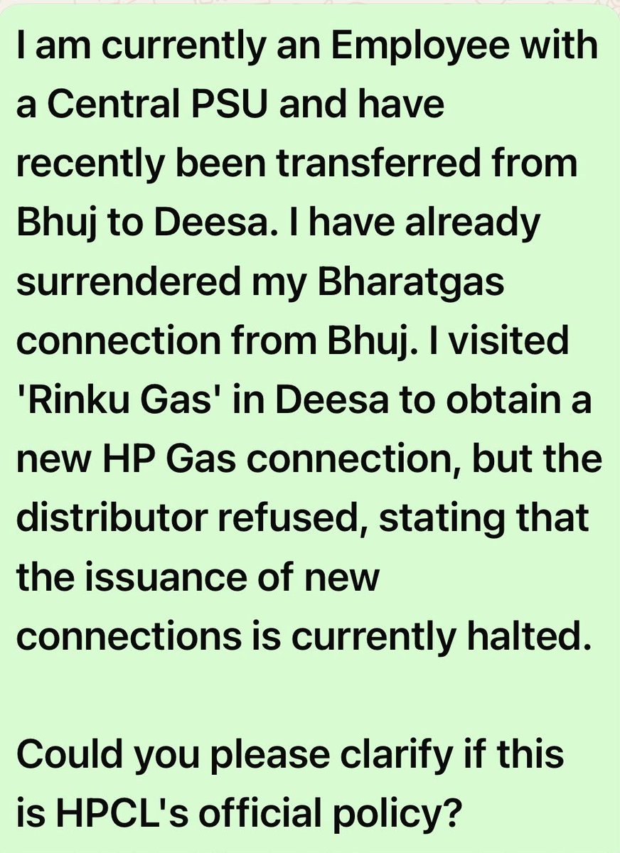 Chirag183232's tweet photo. hello dear @HPCLOfficial Is the issuance of new HP Gas domestic connections currently suspended in Deesa? https://t.co/CjYxNCq3Uz