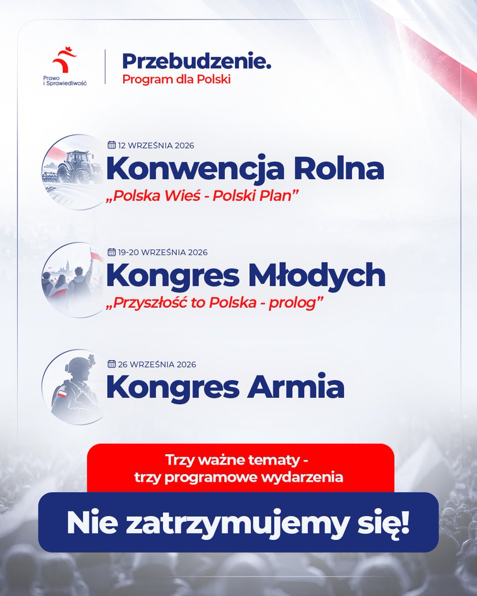 pisorgpl's tweet photo. Nie zwalniamy tempa! 🇵🇱 Jeszcze w tym miesiącu kolejne trzy wielkie wydarzenia programowe. 🔥 POLSKA WIEŚ. PRZYSZŁOŚĆ MŁODYCH. BEZPIECZNA POLSKA. 📢 Tworzymy Program dla Polski! https://t.co/udBSfzdX3z