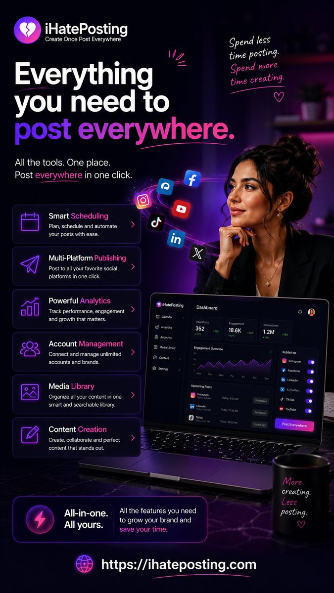 iHatePosting's tweet photo. Eleven tools. One tab. 🧩

Visual calendar, caption composer, hashtag planning, smart scheduling and analytics — all in one platform.

Everything you need. Nothing you don't.

🔗 Visit → https://t.co/RssudfQC8t

#iHatePosting #allinoneplatform #socialmediamanagement #contenttools