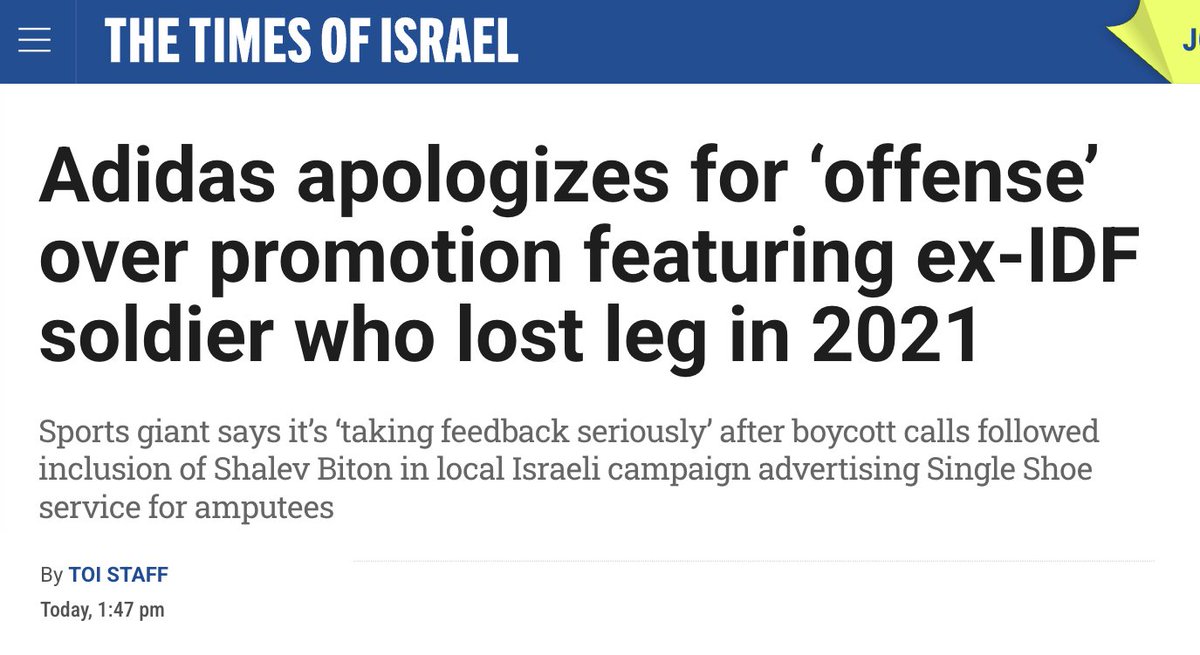 IsraelWarRoom's tweet photo. It took @adidas longer to apologize for standing by Kanye West after his repeated blatant antisemitic comments in 2022 than it did for Adidas to apologize for featuring a wounded IDF veteran in its Israel-only ad.

Despicable. https://t.co/dqxgSyFLdC