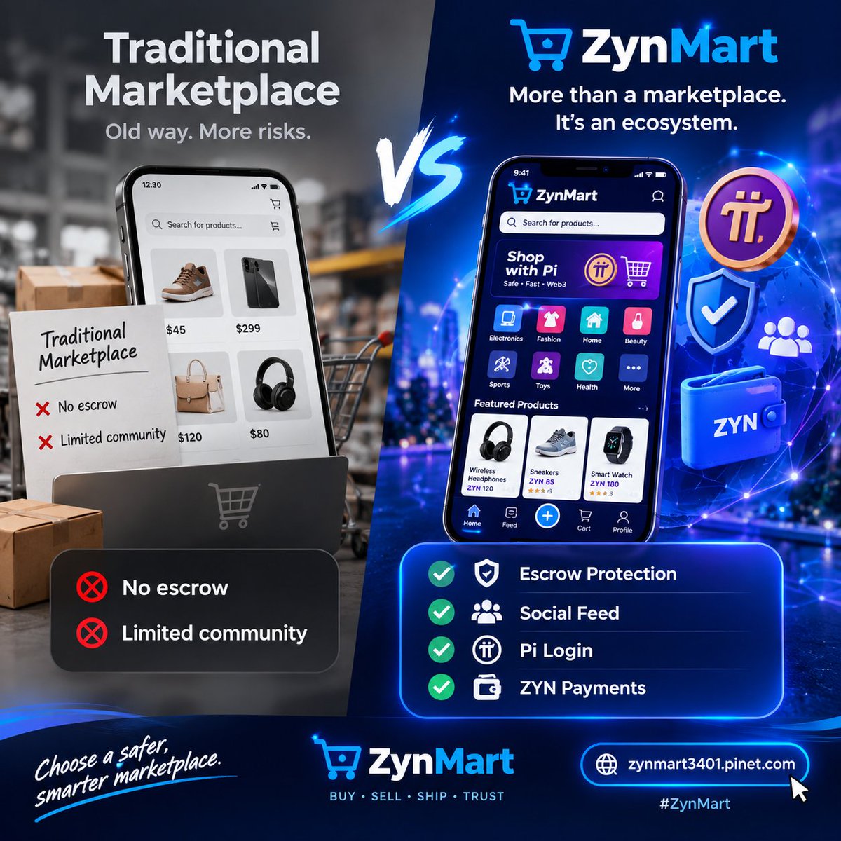 ZYNMART's tweet photo. Traditional Marketplaces vary in protection and community features.

ZynMart: **Escrow • Social Feed • Pi Login • ZYN Payments**

🔗https://t.co/wbA8phjHEX 

#ZynMart #PiNetwork #Pi #PiCoreTeam #Web3Marketplace https://t.co/enDweKjOOp