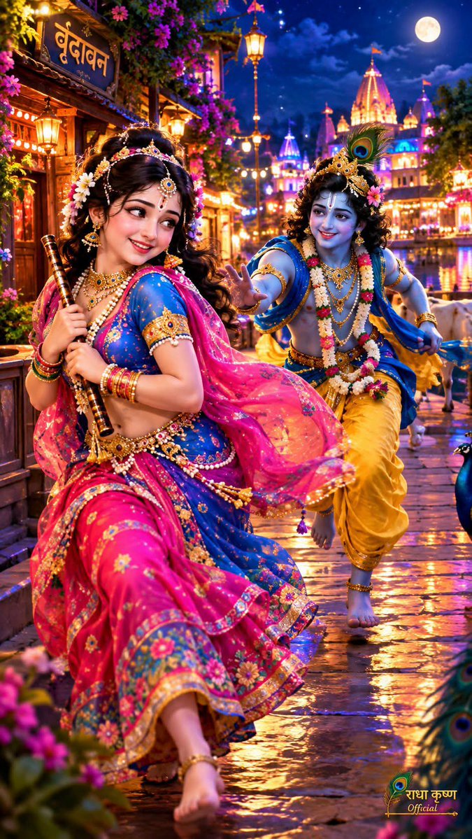 AnjuJha05's tweet photo. कान्हा की बाँसुरी लेकर भागीं राधा रानी 💕🎶
“पीछे-पीछे दौड़े श्याम, वृंदावन में छिड़ी प्रेम की नटखट कहानी 🌙

वृंदावन की रंग-बिरंगी रात में आज प्रेम ने एक नई शरारत रच दी। राधा रानी, श्री कृष्ण की प्रिय बाँसुरी अपने हाथों में लेकर मुस्कुराते हुए भाग रही हैं और उनके पीछे-पीछे स्वयं श्यामसुंदर उन्हें पकड़ने के लिए दौड़ रहे हैं। यह दृश्य केवल एक नटखट लीला नहीं, बल्कि राधा-कृष्ण के उस पवित्र प्रेम का प्रतीक है, जिसमें रूठना भी प्रेम है, मनाना भी प्रेम है और एक-दूसरे की चीज़ छीनकर भागना भी प्रेम की ही एक सुंदर अभिव्यक्ति है।

रात का जगमगाता वृंदावन, मंदिरों की रोशनी, चाँदनी की शीतल चमक और गलियों में बिखरी रंगीन रोशनी इस दिव्य दृश्य को और भी मनमोहक बना रही है। राधा जी के चेहरे की प्यारी मुस्कान और कान्हा की उन्हें पकड़ने की उत्सुकता इस पूरी लीला में एक अलग ही आनंद भर देती है।

कहते हैं, श्री कृष्ण की बाँसुरी केवल एक वाद्य नहीं थी। उसकी मधुर धुन सुनकर वृंदावन की गोपियाँ, पशु-पक्षी और प्रकृति तक मंत्रमुग्ध हो जाती थी। लेकिन आज वही बाँसुरी राधा रानी के हाथों में है और कान्हा स्वयं उसके पीछे दौड़ रहे हैं।

जहाँ राधा हैं, वहाँ कृष्ण हैं और जहाँ कृष्ण हैं, वहाँ राधा का प्रेम अवश्य है। यही प्रेम वृंदावन की आत्मा है और यही राधा-कृष्ण की अनंत लीला का सबसे सुंदर संदेश है।