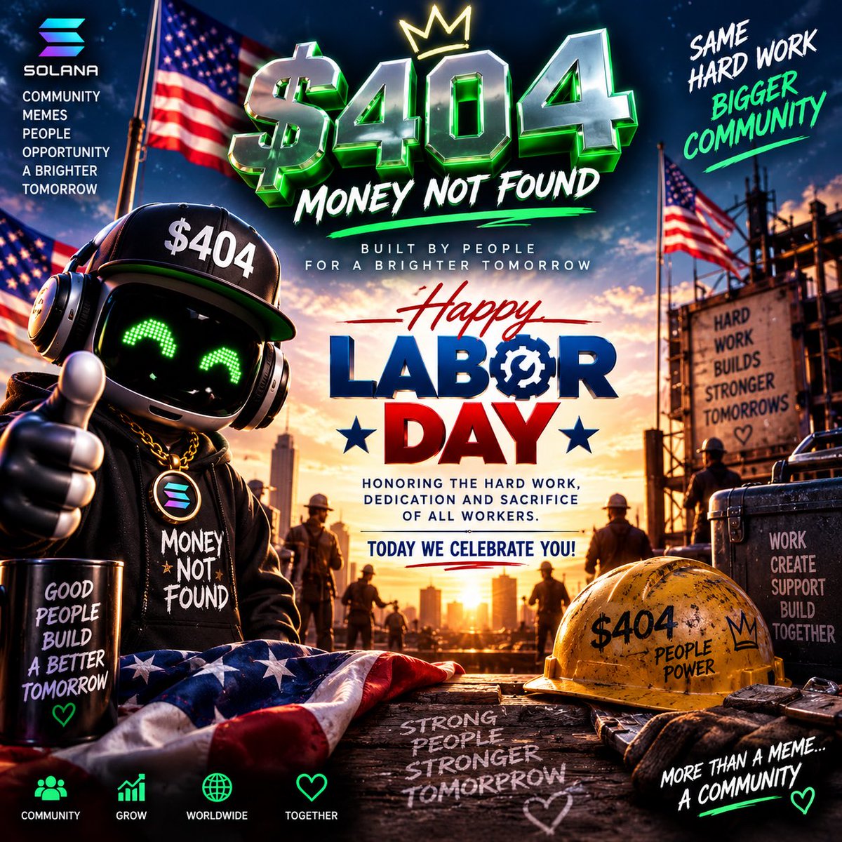 MoneyNotF404's tweet photo. 🇺🇸 Happy Labor Day from $404! 🛠️
Today we celebrate the people who work, build &amp; keep moving forward. 💪🏾

Money Not Found. Community Found. 💚

#404 #LaborDay #Solana #Memecoin https://t.co/bp73EUyAMZ