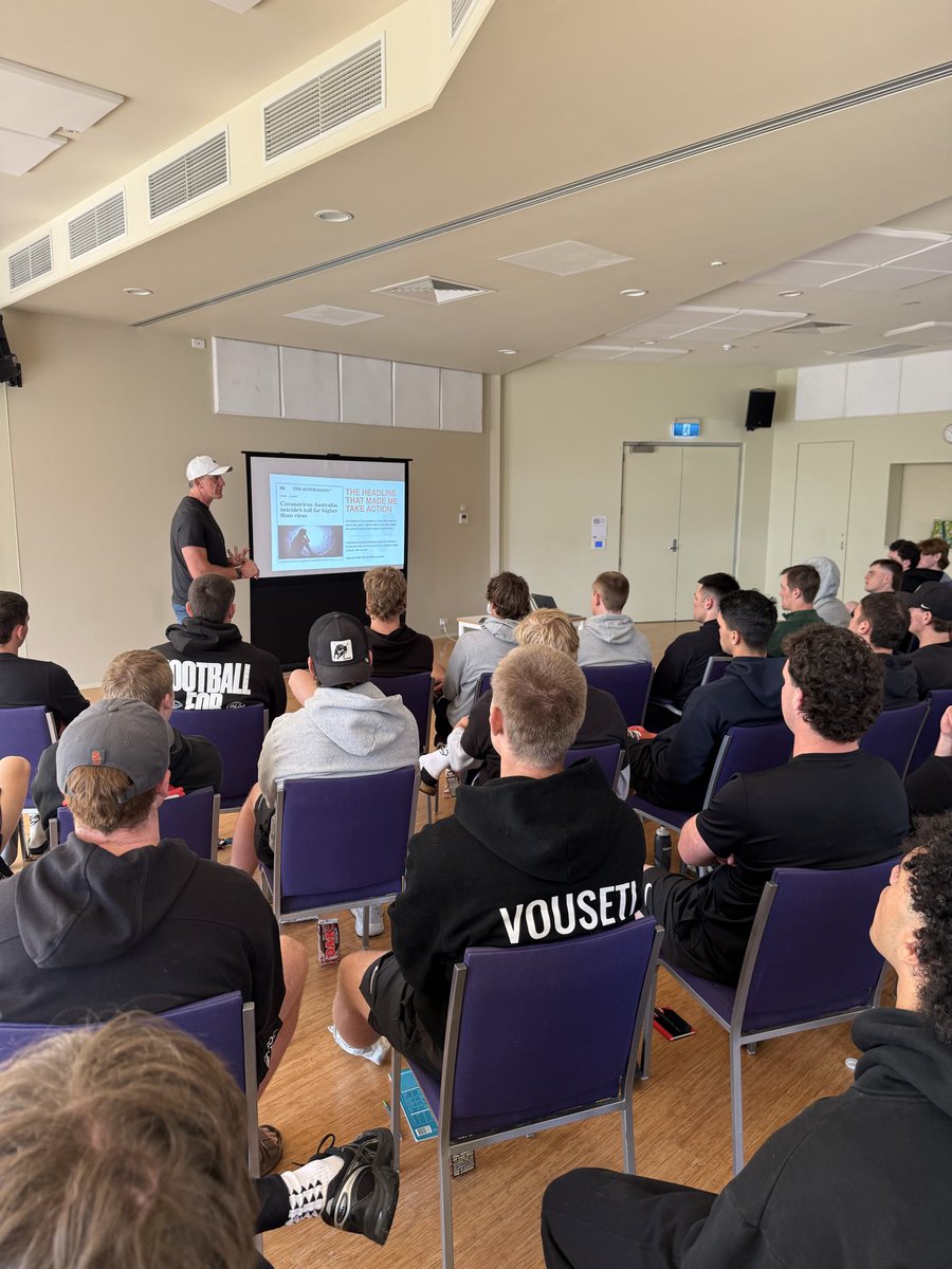 ProkickAus's tweet photo. Wet session followed by a great speaker in @CoreyMcKernan. Spoke to the lads about mental prep, mental health, routines and performance. Was a great day. Future College and NFL hopefuls then got some film review done with PROKICK Coach and @RayGuyAward winner Tom hornsey https://t.co/hKmYLwkVwC