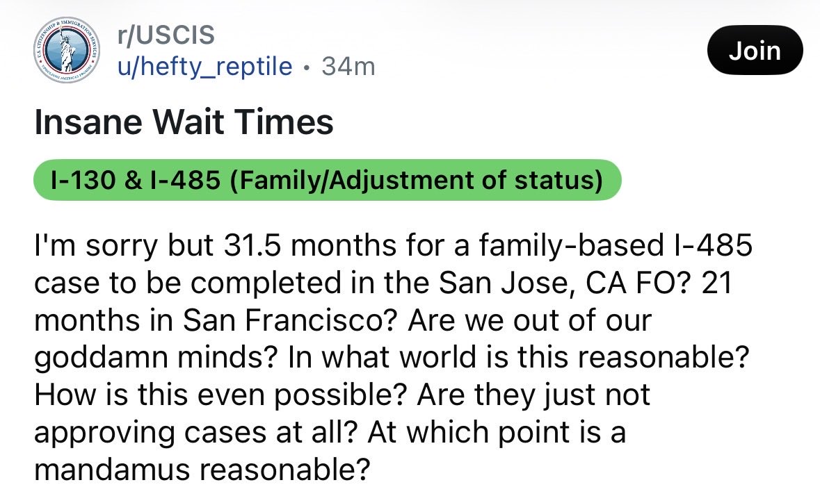 redditdeportees's tweet photo. Redditor is pissed he has to wait over 2 1/2 years for his green card application to be considered. https://t.co/3YLmLapLoA