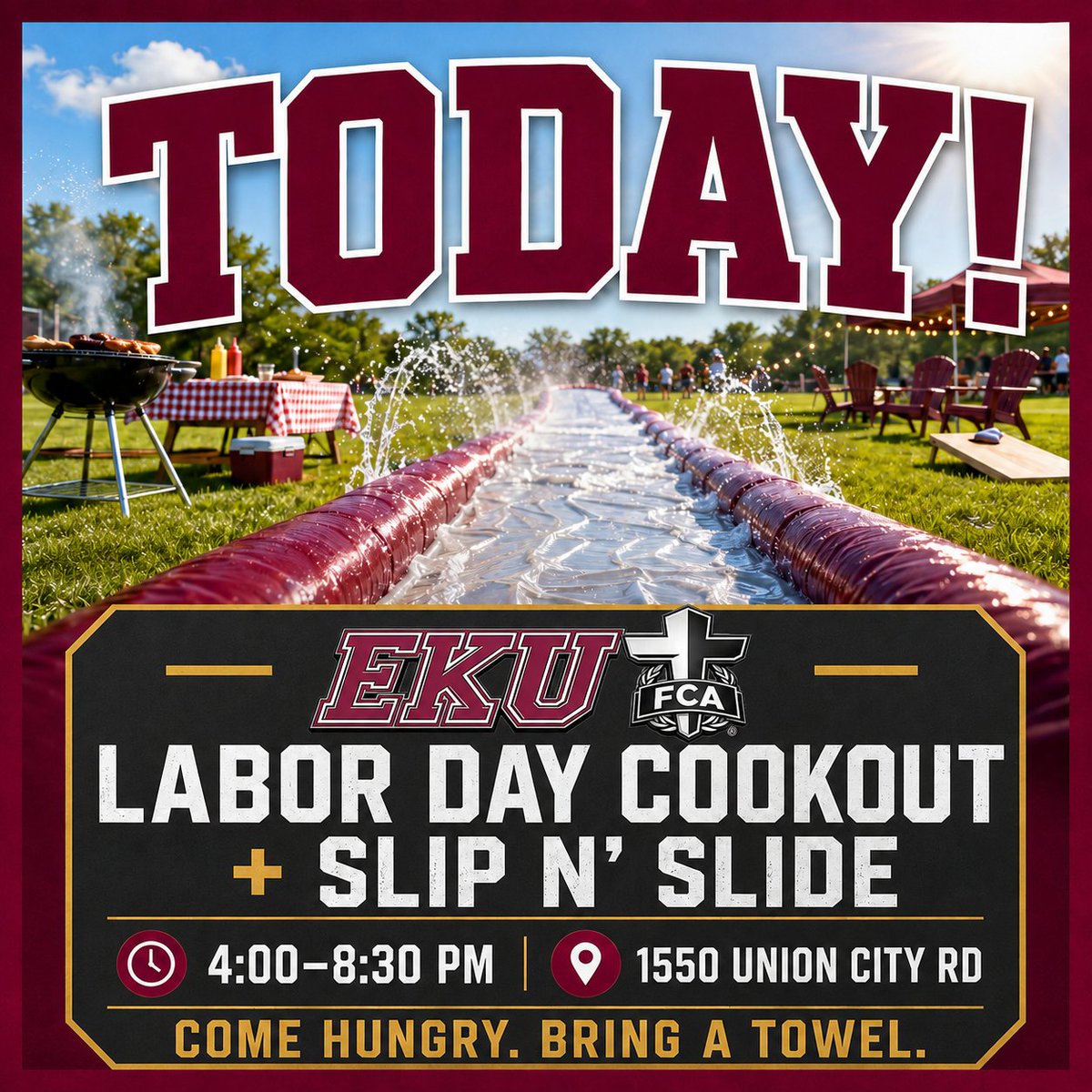 ekufca's tweet photo. Today is the day! Join us at 4pm for our #LaborDay Cookout and Slip n' Slide! We have lots of food and fun planned for you. Grab your teammates and come join us!
#GoBigE #ekufca #fcahuddle #RolKerns https://t.co/MoD4PNfQUS