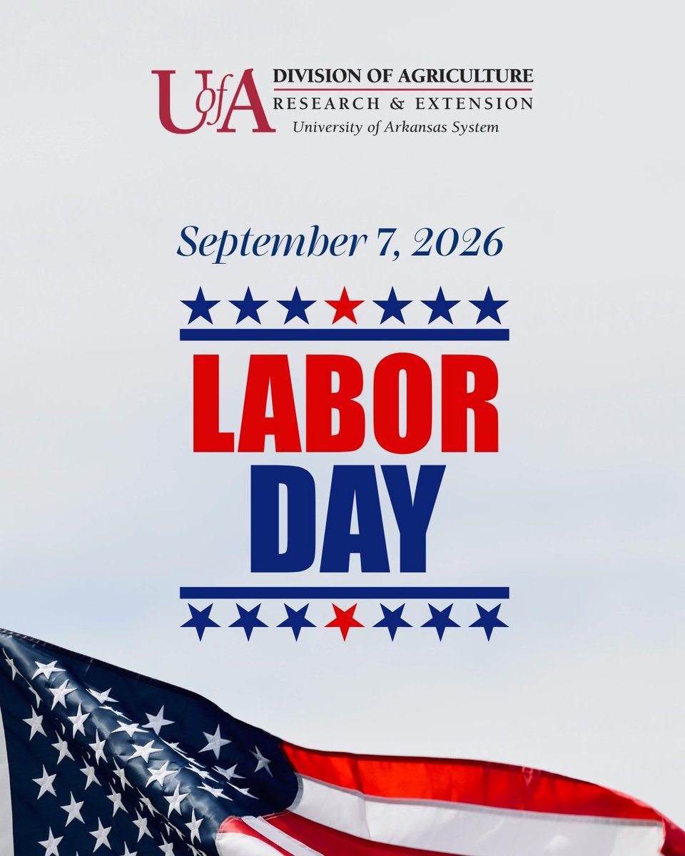 AR_Extension's tweet photo. Extension offices are closed today for Labor Day and will resume regular business hours tomorrow, September 8. 

Thank you to the hard work of farmers, producers, and everyone who keeps Arkansas agriculture moving! 💪 https://t.co/7YJtfcTjSq