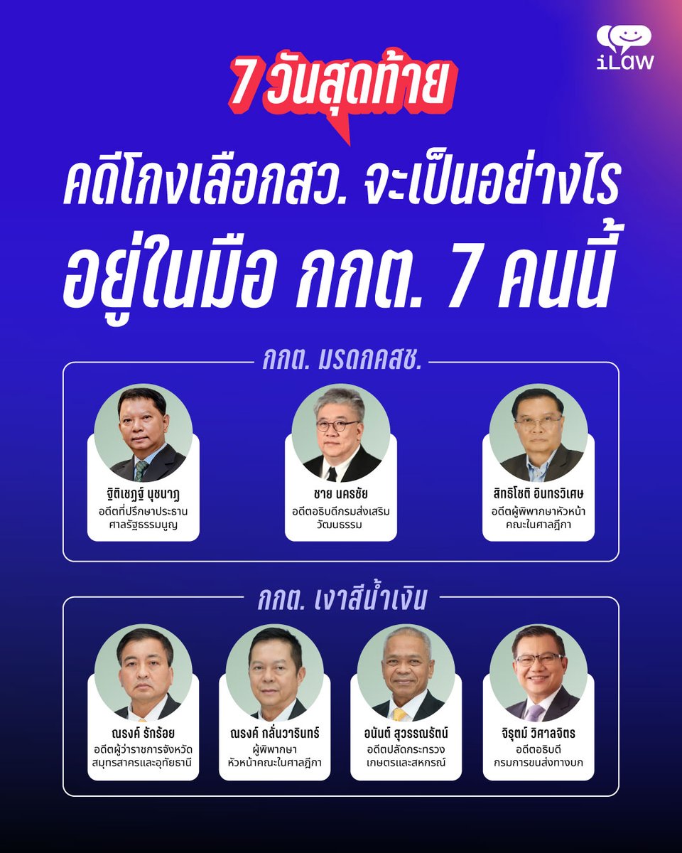 iLawclub's tweet photo. ⏰ 7 วันสุดท้าย คดีโกงเลือก สว. จะออกทางไหน อยู่ในมือ กกต. 7 คนนี้ 
.
1 คน มาจากการเลือกของสนช. ที่มาจากการแต่งตั้งโดยคสช. และหมดวาระไปแล้ว
2 คน มาจ���กการเลือกของ สว. ชุดพิเศษ ที่มาจากคสช.
4 คน มาจาก สว. 2567 ที่เกินครึ่งได้ฉายา "สว. สีน้ำเงิน"
.
อ่านต่อ: https://t.co/C57SoclgbL https://t.co/9vBZy5YjJ4