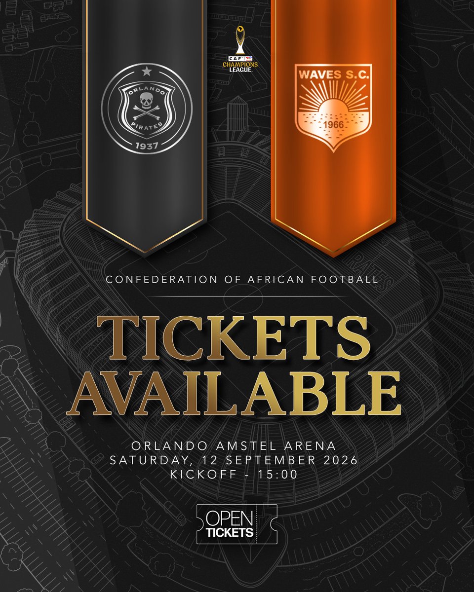 orlandopirates's tweet photo. 𝐓𝐈𝐂𝐊𝐄𝐓𝐒 𝐀𝐕𝐀𝐈𝐋𝐀𝐁𝐋𝐄

🏆 #𝐓𝐨𝐭𝐚𝐥𝐄𝐧𝐞𝐫𝐠𝐢𝐞𝐬𝐂𝐀𝐅𝐂𝐋 𝐅𝐢𝐫𝐬𝐭 𝐏𝐫𝐞𝐥𝐢𝐦𝐢𝐧𝐚𝐫𝐲 𝐑𝐨𝐮𝐧𝐝 (𝟐𝐧𝐝 𝐋𝐞𝐠)
🆚 La Cure Waves
🏟️ Orlando Amstel Arena
🎟 https://t.co/3PvxZlt7F9
🗓 Saturday, 12 September 2026
⏰ 15H00

⚫⚪🔴⭐
#TotalEnergiesCAFCL
#OrlandoPirates
#OnceAlways