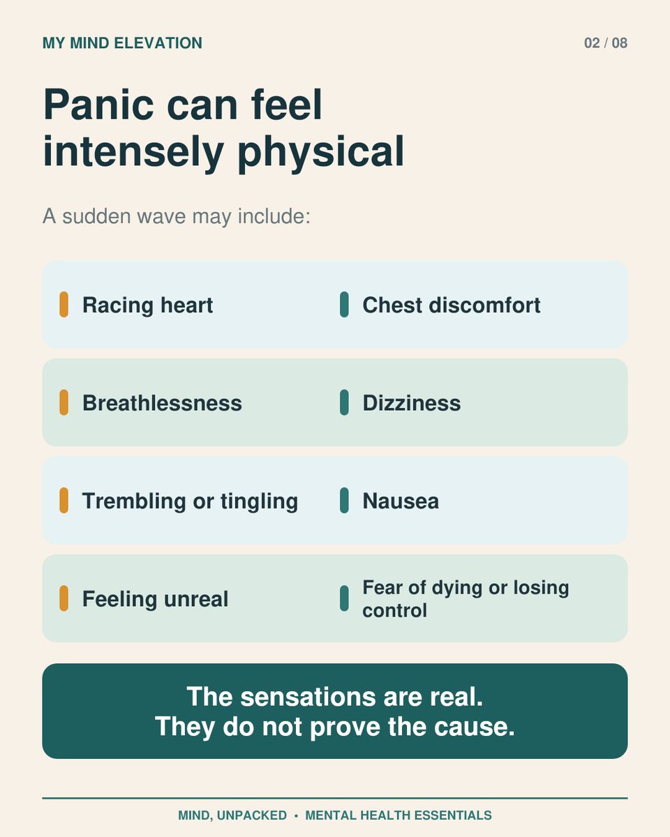 mymindelevation's tweet photo. A panic attack can feel like a heart attack, suffocation, or a sudden loss of control. 
The safest first response is not to guess. Check for urgent warning signs, reduce noise and confusion, use one calm voice, and help the person take the experience one minute at a time.
#Panic https://t.co/cOfLGl0Bti