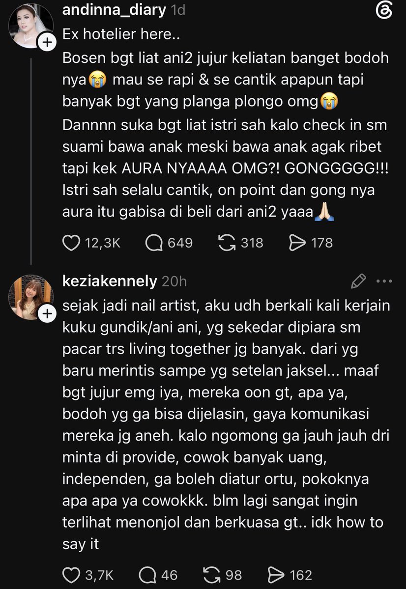karirfess's tweet photo. Kakak ini cerita.. dia mantan pekerja hotel:

- Dia bilang, selingkuhan yang datang menginap sering kelihatan kaku dan tidak percaya diri, meski rapi dan cantik.
- Yang paling terasa bedanya justru istri sah.
- Istri yang check-in bersama suami, apalagi bawa anak, memang lebih ribet.
- Tapi auranya berbeda: lebih tenang, lebih pas, dan terasa “punya tempat.”
- Menurutnya, aura itu tidak bisa dibeli hanya dengan tampil sebagai orang ketiga.

Wdyt?