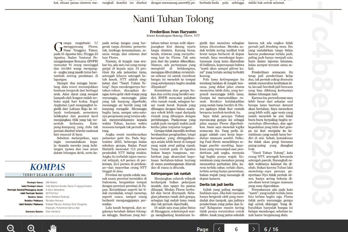 nicholasmartua's tweet photo. Sore tadi saya baca opini dari Frederikus Ivan Haryanto, Imam Keuskupan Ruteng, Flores, NTT di Harian Kompas, 30/8/2026🥹🙏 Frederikus menulis bahwa: masalahnya bukan Tuhan yang terlambat menolong, melainkan manusia yang terlalu lama menunda kepedulian. https://t.co/ddNKoGfPI3