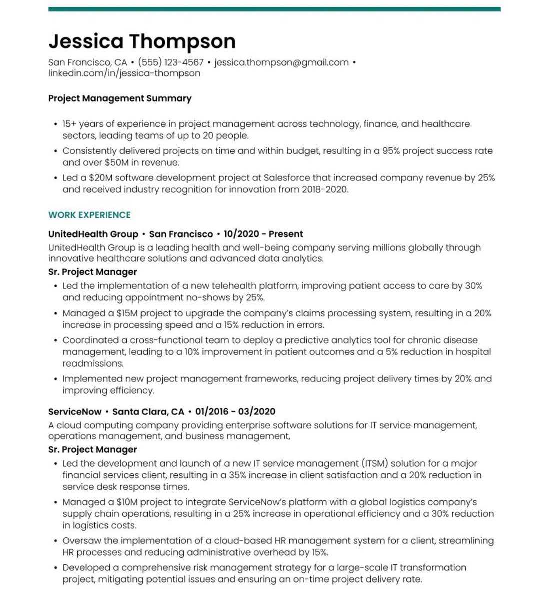 omoalhajaabiola's tweet photo. Resume template for project managers

Why I like this resume

1) Concise Format: 

Clean, easy-to-read layout. Recruiters and hiring managers appreciate resumes that get straight to the point.

2) Accomplishments with Metrics: 

Good use of the XYZ formula in their bullet points—achieved X by doing Y, resulting in Z (e.g., "Increased project efficiency by 20%, reducing costs by 15%").

3) Strategic Keywords: 

You can’t see it, but they ensured their resume was optimized for Applicant Tracking Systems (ATS) using specific terms in the job description.

4) Powerful Summary: 

High level overview of their career and major accomplishments, including significant projects they led and results that came from them. No jargon or fluff which is a big plus. 

5) The Right Skills: 

Lists both technical and soft skills (leaning more on technical skills), ensuring a well-rounded profile that appeals to a variety of employers. They also used job descriptions to optimize this section.