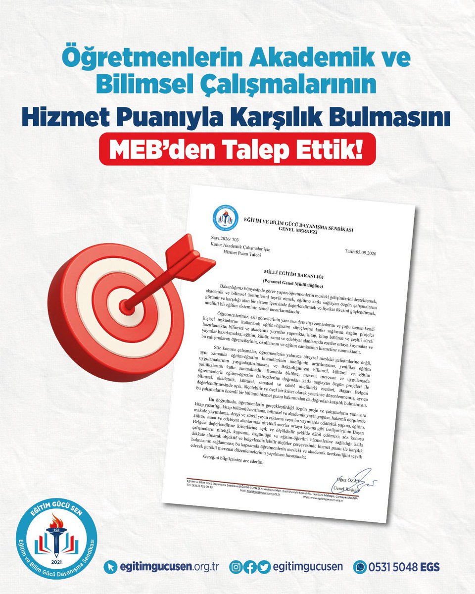 egitimgucusen's tweet photo. Öğretmenlerimizin asli görevlerinin yanı sıra hazırladığı özgün projeler, bilimsel ve akademik yayınlar, kitap ve kitap bölümleri ile eğitim, kültür, sanat ve edebiyat alanındaki eserleri eğitim-öğretim süreçlerine önemli katkılar sunmaktadır. Ancak bu çalışmaların önemli bir bölümü mevcut uygulamada Başarı Belgesi değerlendirmelerinde ve hizmet puanı sisteminde doğrudan karşılık bulmamaktadır.

Bu nedenle; öğretmenlerin gerçekleştirdiği akademik, bilimsel, kültürel ve sanatsal çalışmaların Başarı Belgesi değerlendirme kriterlerine açık ve ölçülebilir şekilde dâhil edilmesini, söz konusu çalışmaların niteliği ve eğitim-öğretim hizmetlerine katkısı dikkate alınarak objektif ve belgelendirilebilir ölçütler çerçevesinde hizmet puanı ile karşılık bulmasını MEB’den talep ettik.

🔎 Detaylar için web sitemizi ziyaret edebilirsiniz.

👉https://t.co/mMsMDY8yM1