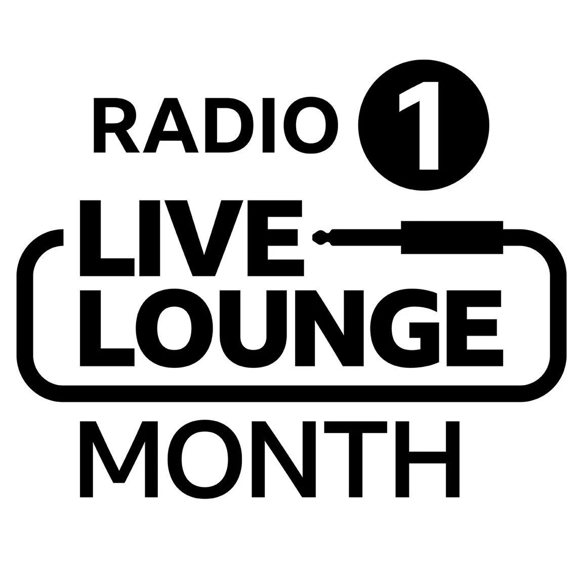 Radio 1 Live Lounge Month is written in black on a white background with a black aux cable circling the words Live Lounge