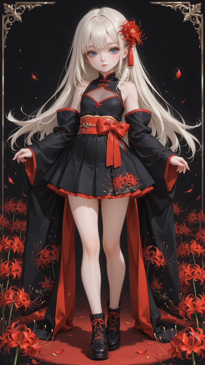 AliceLavli's tweet photo. 和洋折衷な彼岸花のドレスの衣装プロンプトをどうぞ✨
outfit only, strict garment structure, strict color placement, Japanese-inspired spider-lily dress, fitted matte-black sleeveless bodice with a high mandarin collar, narrow deep-crimson piping around the collar and armholes, small gold frog closures arranged vertically at the center chest, detachable long black kimono sleeves hanging from the upper arms, very wide sleeve openings lined in deep crimson, scattered red spider-lily embroidery restricted to the lower sleeve edges, broad deep-crimson obi-style waistband wrapped tightly around the natural waist, one structured black-and-red obi bow centered at the back, ankle-length black A-line skirt with smooth upper panels and a wide flared hem, asymmetrical deep-crimson satin overskirt opening at the center front, dense vivid-red spider-lily embroidery forming a continuous border around the black skirt hem, clearly defined recurved petals and long projecting stamens, thin antique-gold stems connecting the flowers, narrow deep-crimson pleated underlayer visible beneath the hem, black tabi-style ankle boots with red cord fastenings