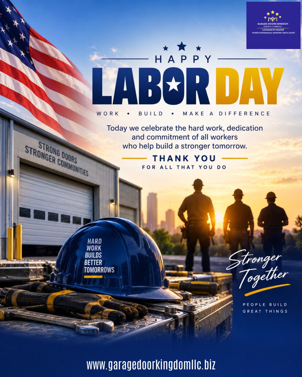gdkingdomfl's tweet photo. Happy Labor Day! 🇺🇸

Today, we celebrate the hardworking people whose dedication, skill, and commitment help keep our communities moving forward. Garage Door Kingdom LLC wishes every worker &amp; family a safe, relaxing, and well-deserved #LaborDay.

#HappyLaborDay #GarageDoorKingdom https://t.co/zMuWLdtGLB