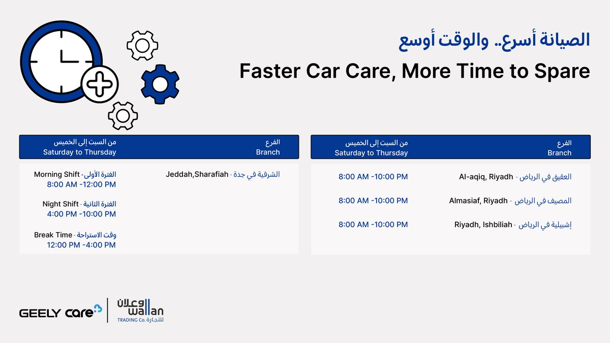 GeelyAutoSaudi's tweet photo. نختصر وقت صيانتكم ونطيل ساعات خدمتكم. 

 لأجلكم، مدّدنا ساعات عمل الصيانة السريعة في فروع مختارة من جيلي الوعلان، لتختاروا الوقت الأنسب لكم. 

 اطّلعوا على الفروع والمواعيد الموضّحة، ويسعدنا استقبالكم.

#جيلي #جيلي_الوعلان https://t.co/Ng75RZjy0y